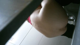 Double-lens front and back shot of the most beautiful school girl in the bathroom